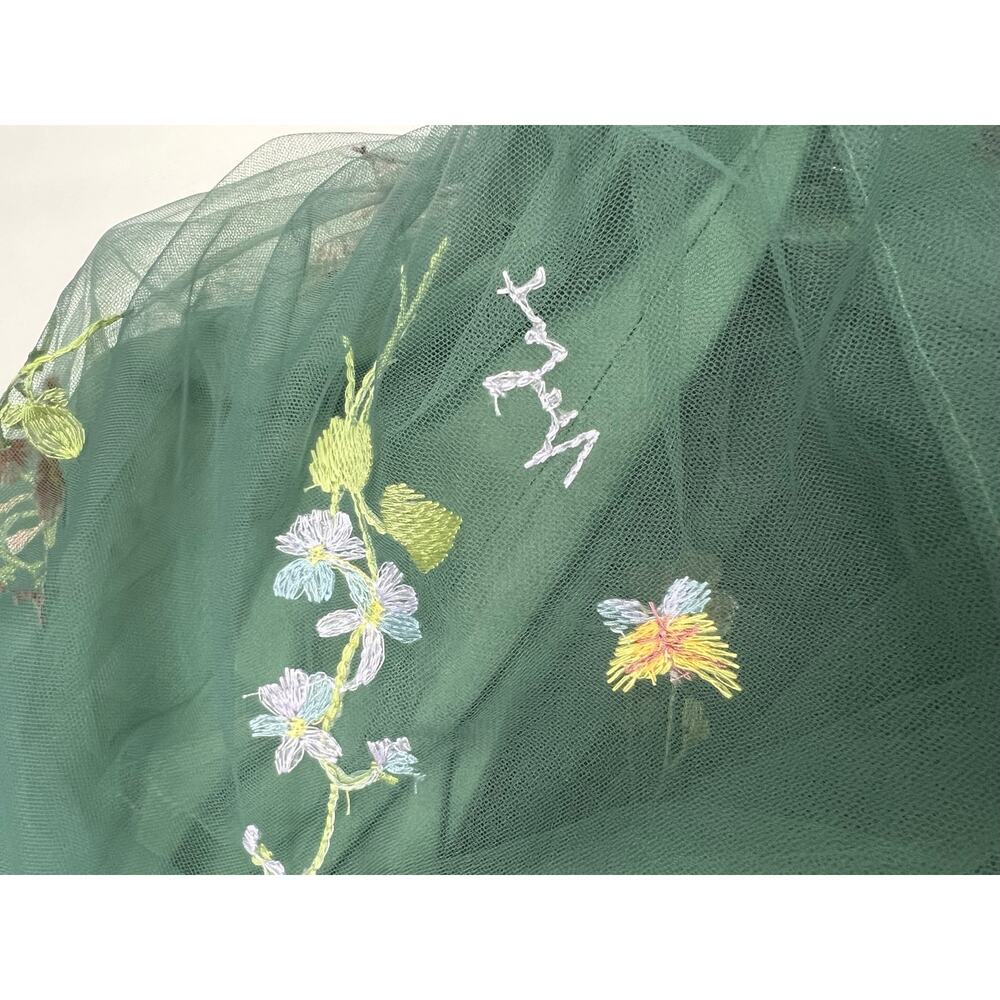 Teal Green Embroidered Floral Tulle Corset Midi Dress 10 Fairycore Formal - Picture 11 of 13